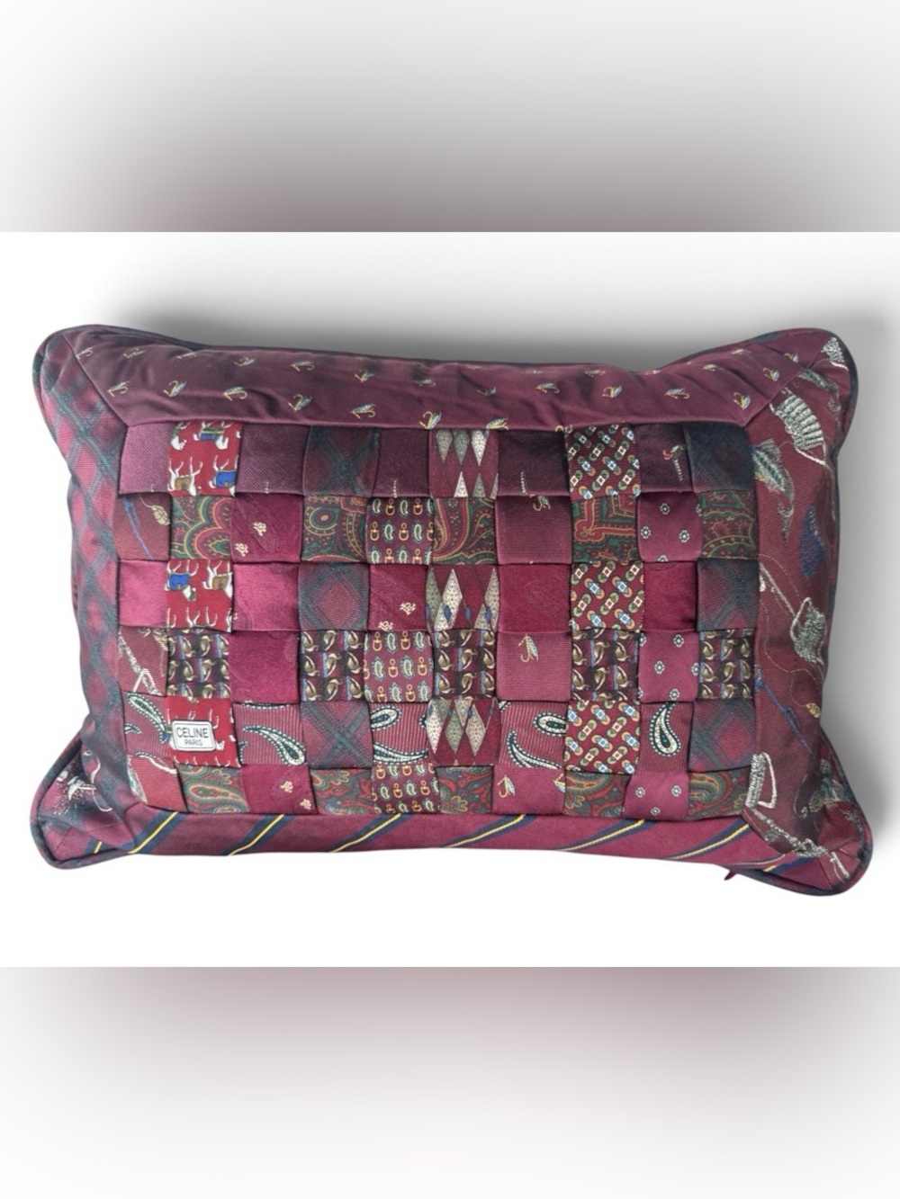 Silk Tie Wool Patchwork Accent Pillow Fly Fishing Hunter Pheasant Equestrian